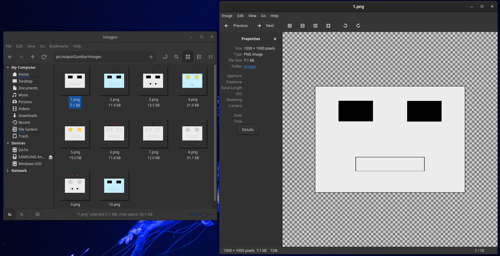 Image containing a list of image in directory on the left side and a preview of one of the image on the right side. The preview image is showing a robot with square-shaped and silver head with dark square eyes and rectangle-shaped mouth.