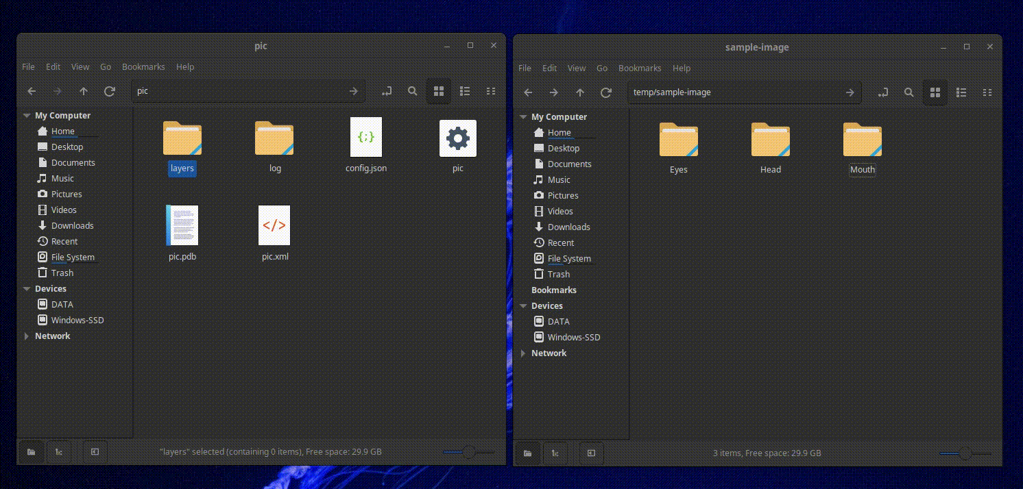 There are 2 file manager opened, one have directory named layers and other have 3 folders which are Head, Mouth, and Eyes. The user move all folders to layers directory.